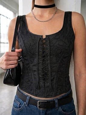 Vintage 90s Gigi Clark Black Brocade Leather Trim Lace Up Corset - Medium